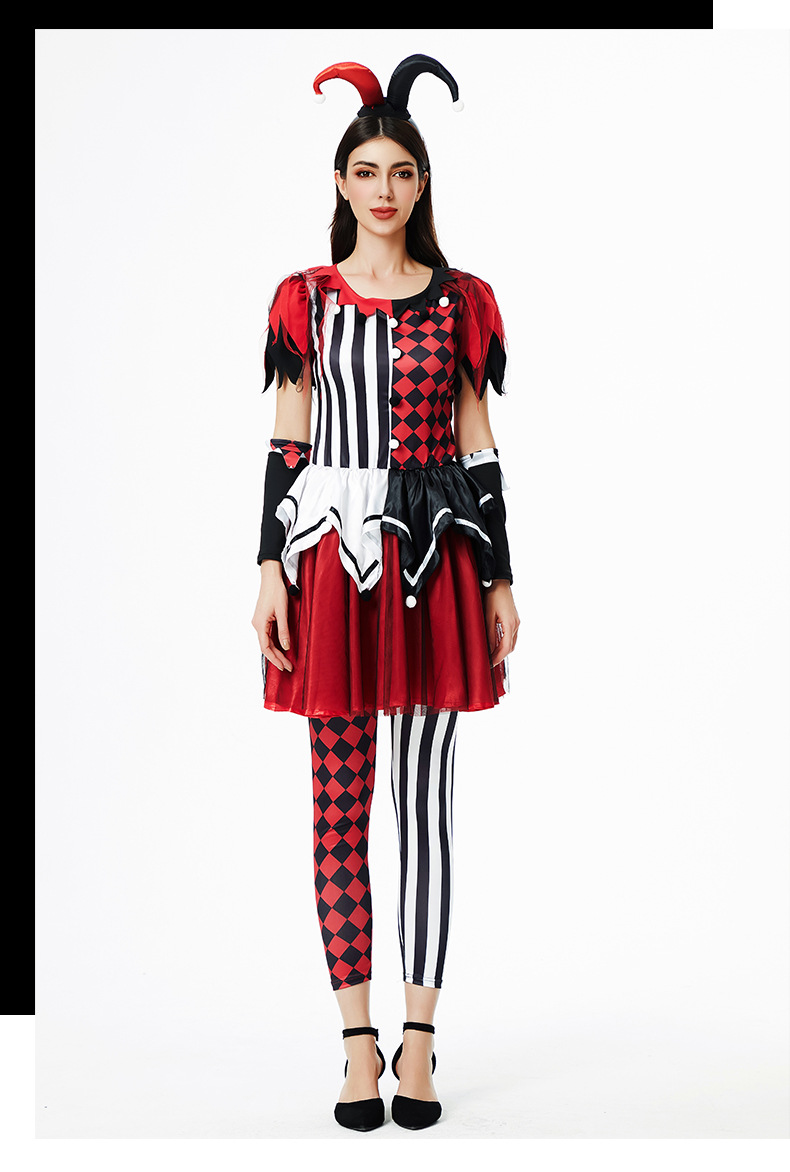 Adult Halloween Outfit Harlequin Jester Costume Red and Black Striped Dress